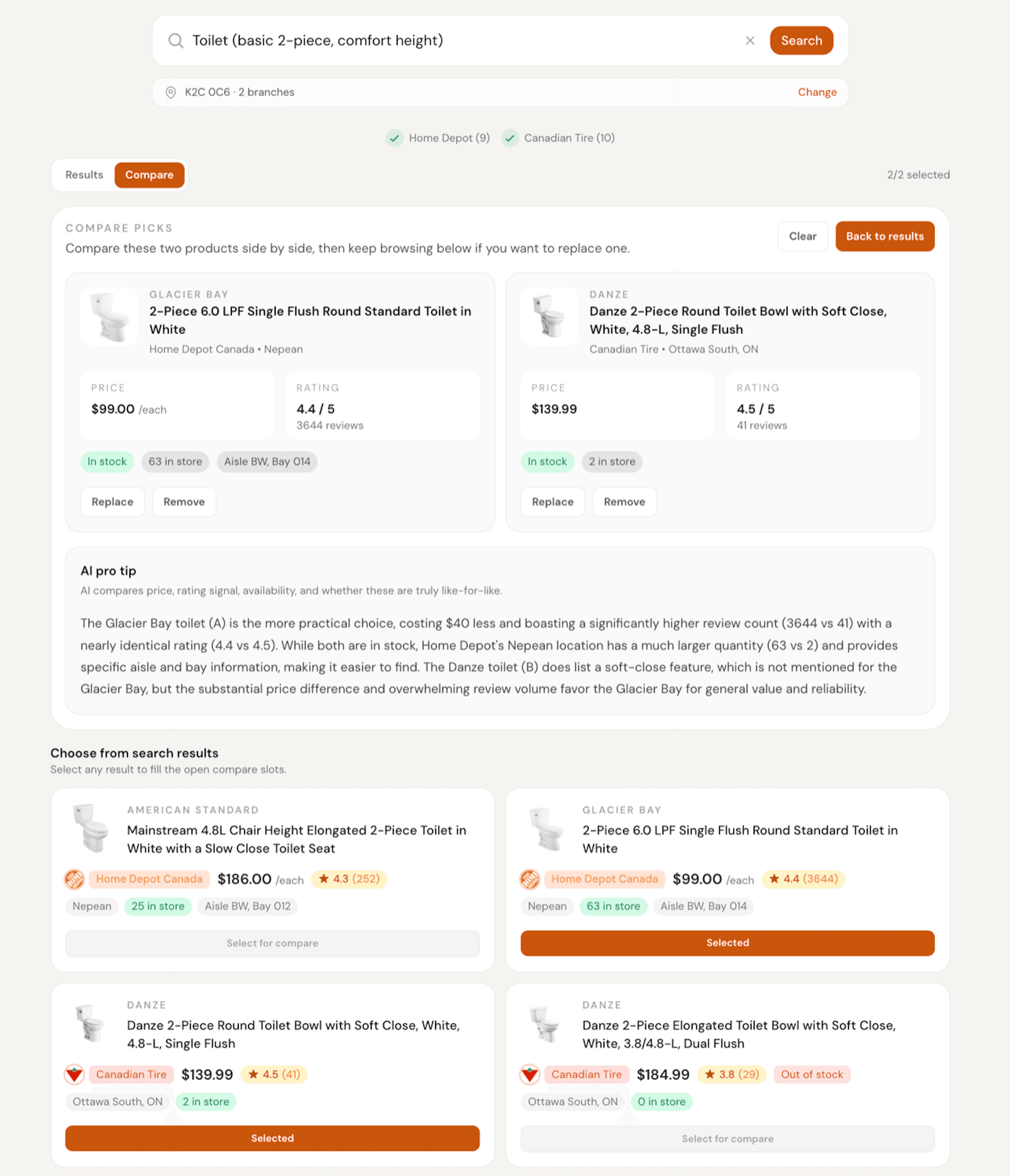 Two products compared side by side with an AI pro tip on which is the better value