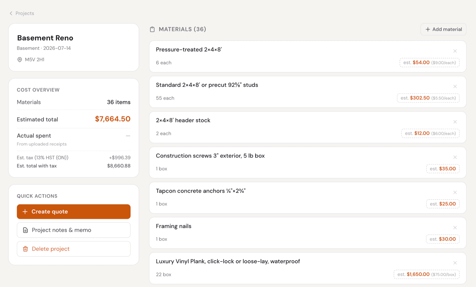 A Stucly project showing its cost overview, materials list, and quick actions