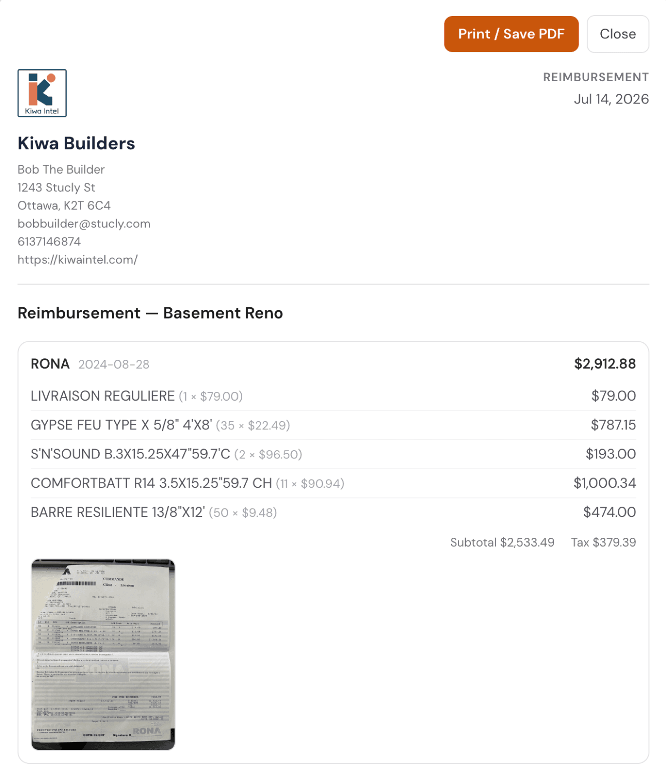 A branded reimbursement sheet listing billable receipt lines with the original receipt attached